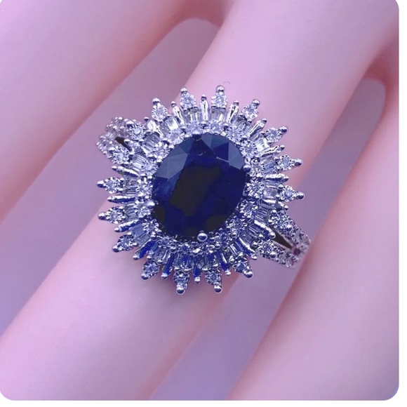 EFFY Statement Ring 14k White Gold, huge Sapphire Nestled in Tons of Diamonds LN - Picture 7 of 14